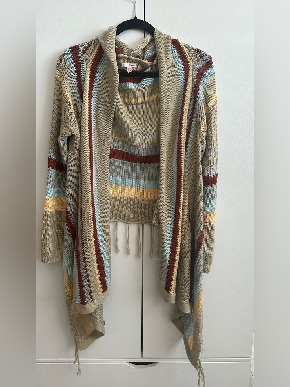 BONGO Beige Multi-Stripe Hooded Open Cardigan
